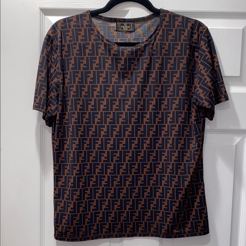 Vintage Fendi Black and Brown Short Sleeve Top with Monogram Pattern